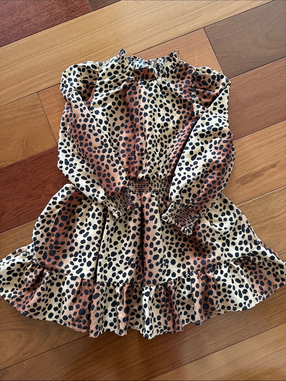 Janie & Jack Leopard Print Long Sleeve Ruffle Dress - Cream & Brown